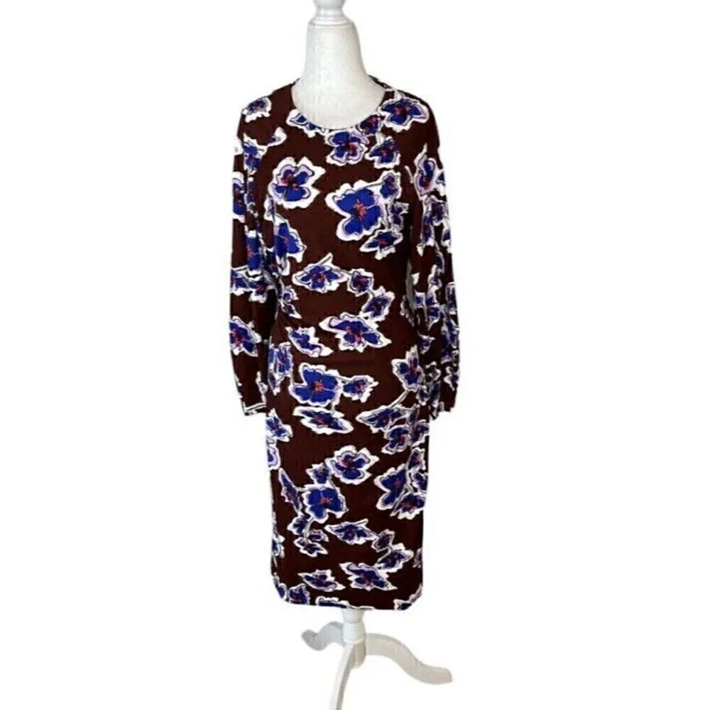 Tanya Taylor Brown Amara Floral Brown & Blue Midi Dress, 3/4 sleeves, Sz  Med